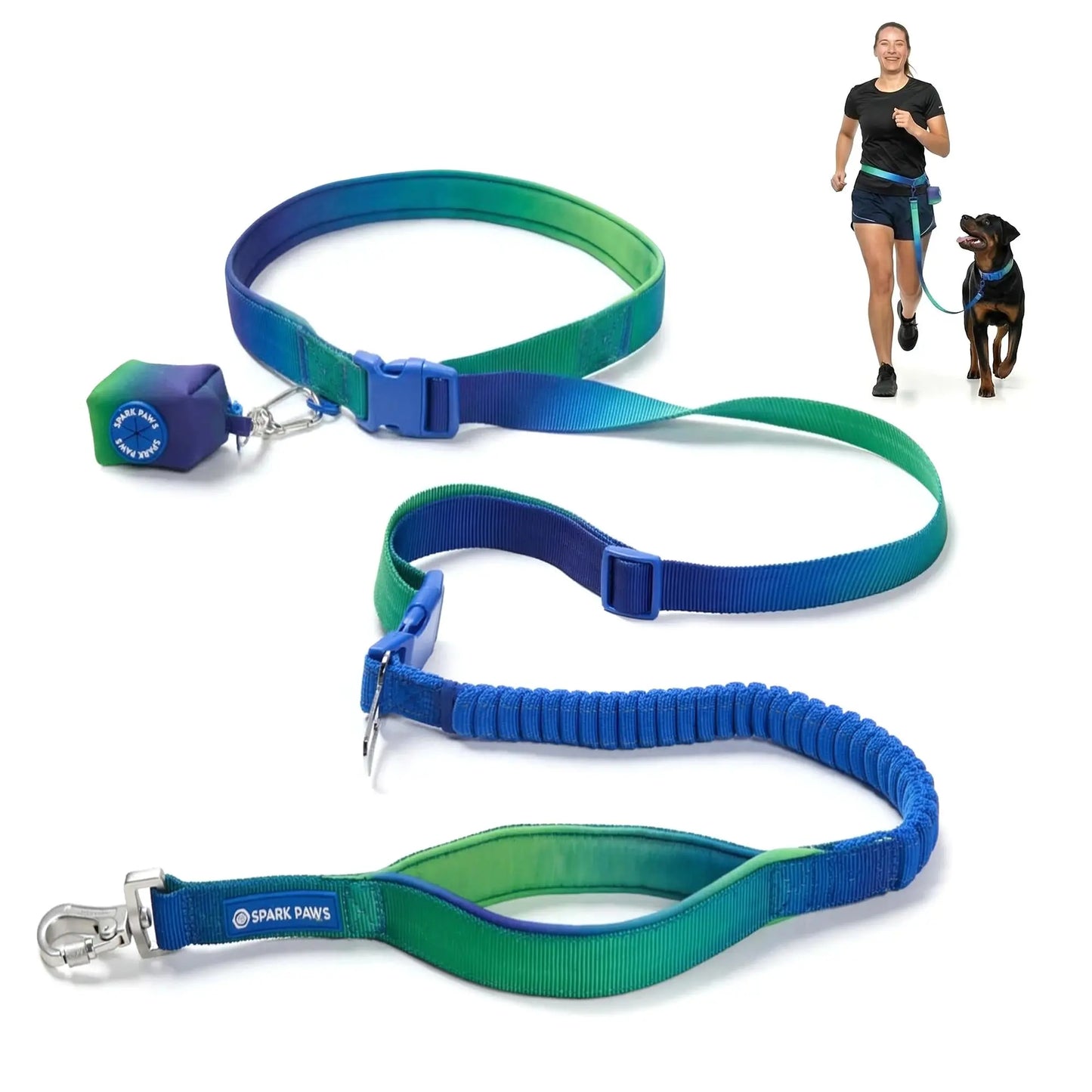 Spark Paws Hands-Free Dog Leash with Shock Absorbing Bungee, Car Seatbelt Clip, and Poop Bag Set - Heavy Duty Tactical Lead for Medium to Extra-Large Breeds