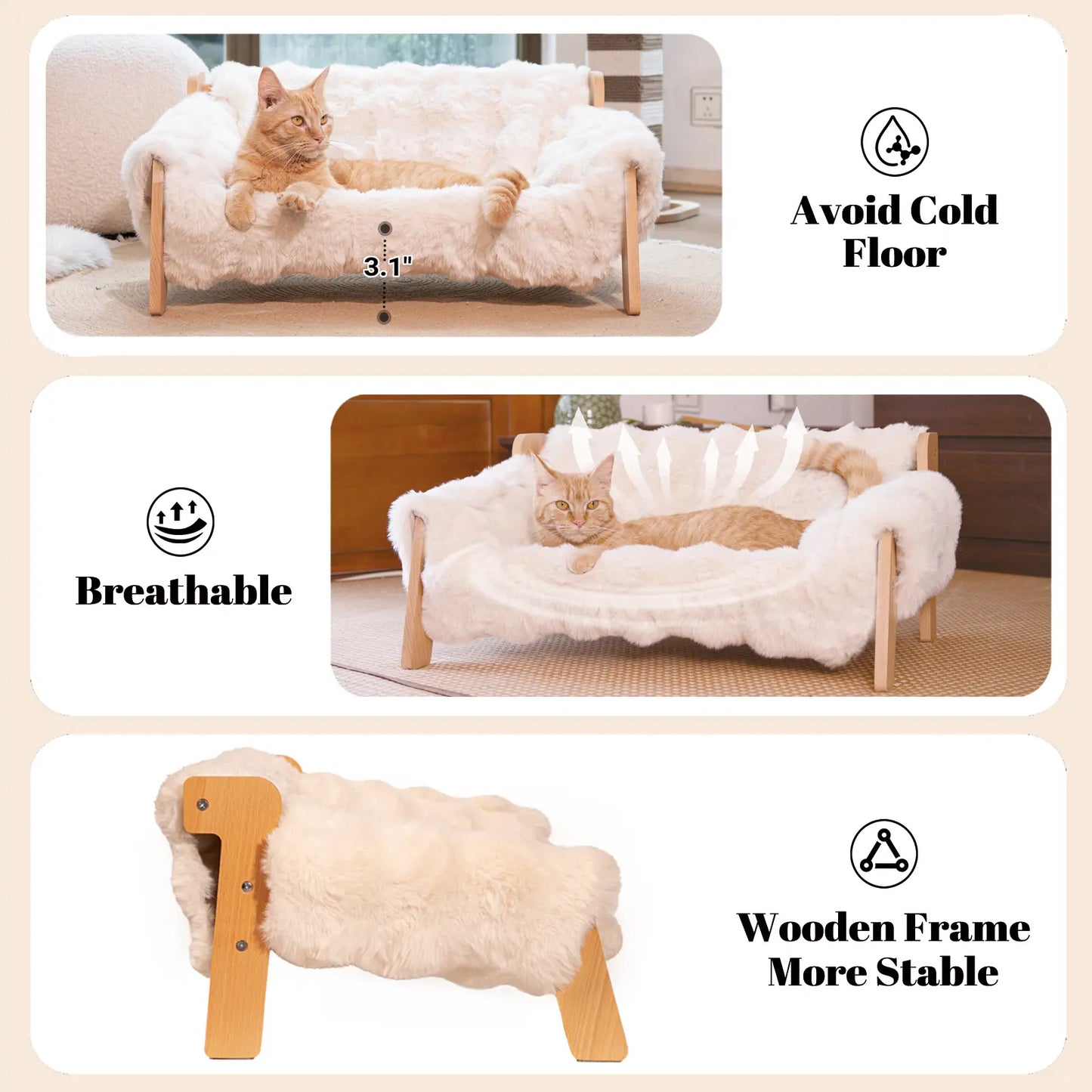 Elevated Pet Couch Bed - Solid Wood Sofa for Cats and Small Dogs with Removable Washable Fluffy Cover - Indoor Kitty Lounge Chair