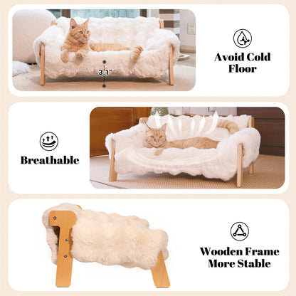 Elevated Pet Couch Bed - Solid Wood Sofa for Cats and Small Dogs with Removable Washable Fluffy Cover - Indoor Kitty Lounge Chair