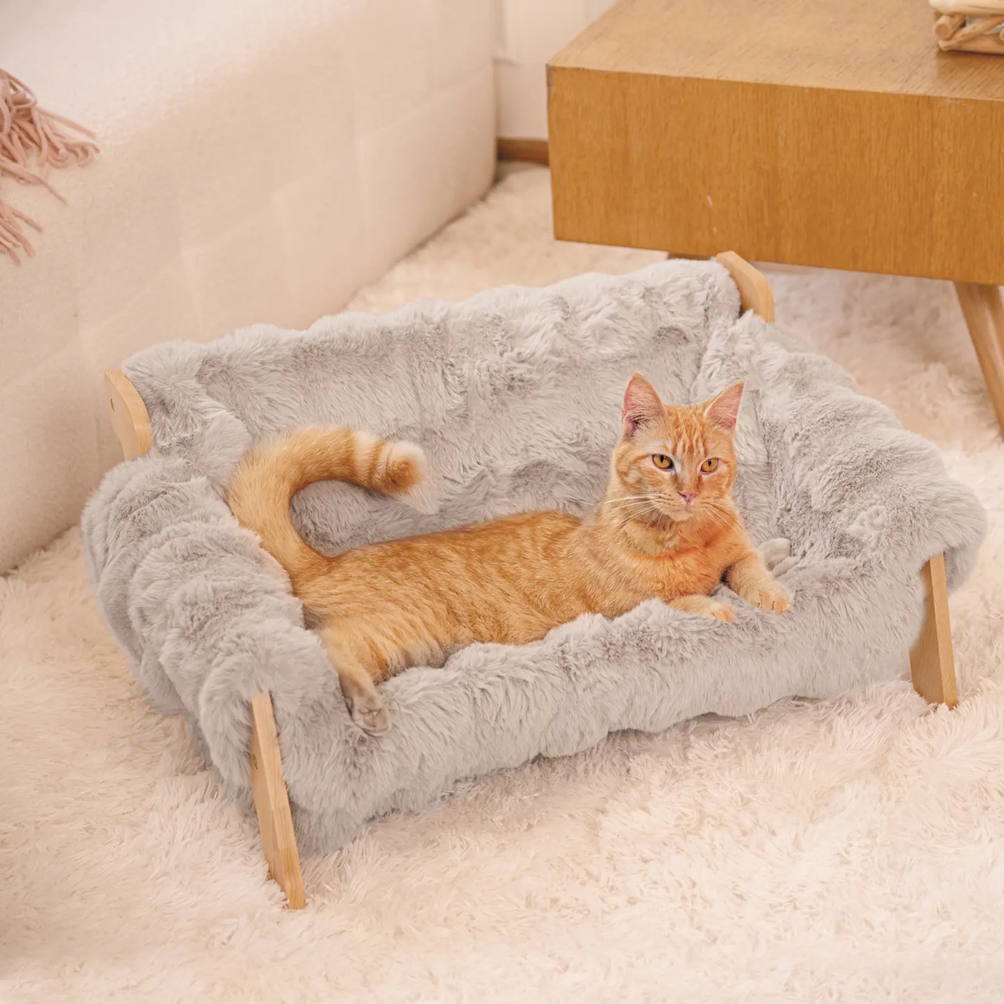 Elevated Pet Couch Bed - Solid Wood Sofa for Cats and Small Dogs with Removable Washable Fluffy Cover - Indoor Kitty Lounge Chair