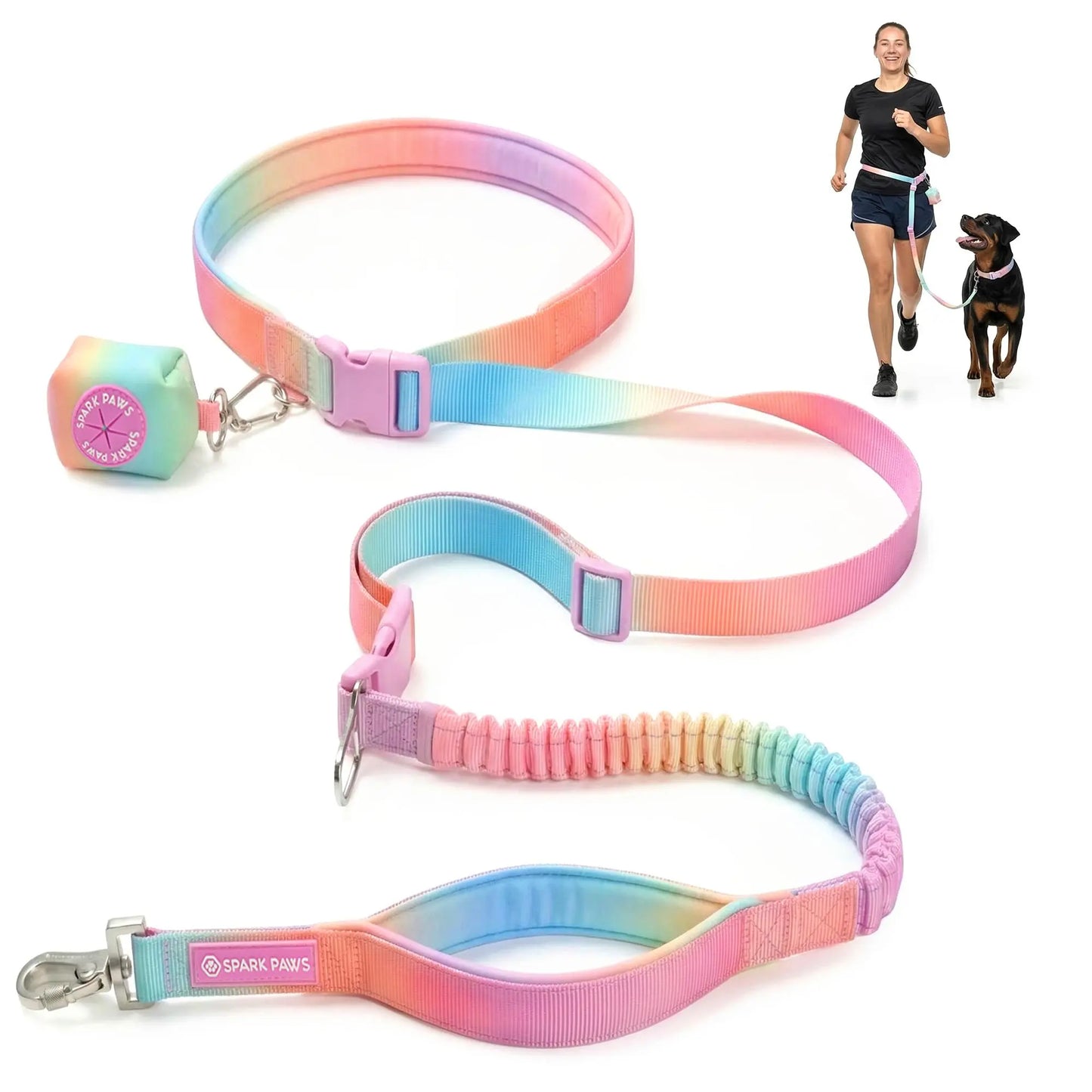 Spark Paws Hands-Free Dog Leash with Shock Absorbing Bungee, Car Seatbelt Clip, and Poop Bag Set - Heavy Duty Tactical Lead for Medium to Extra-Large Breeds