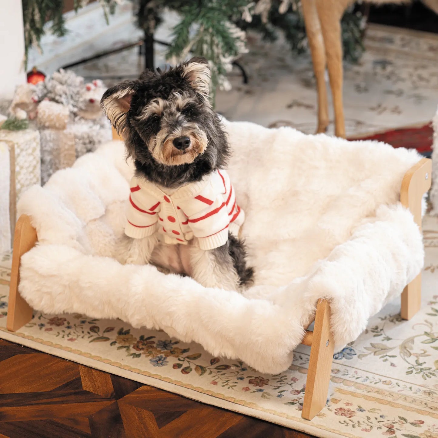 Elevated Pet Couch Bed - Solid Wood Sofa for Cats and Small Dogs with Removable Washable Fluffy Cover - Indoor Kitty Lounge Chair