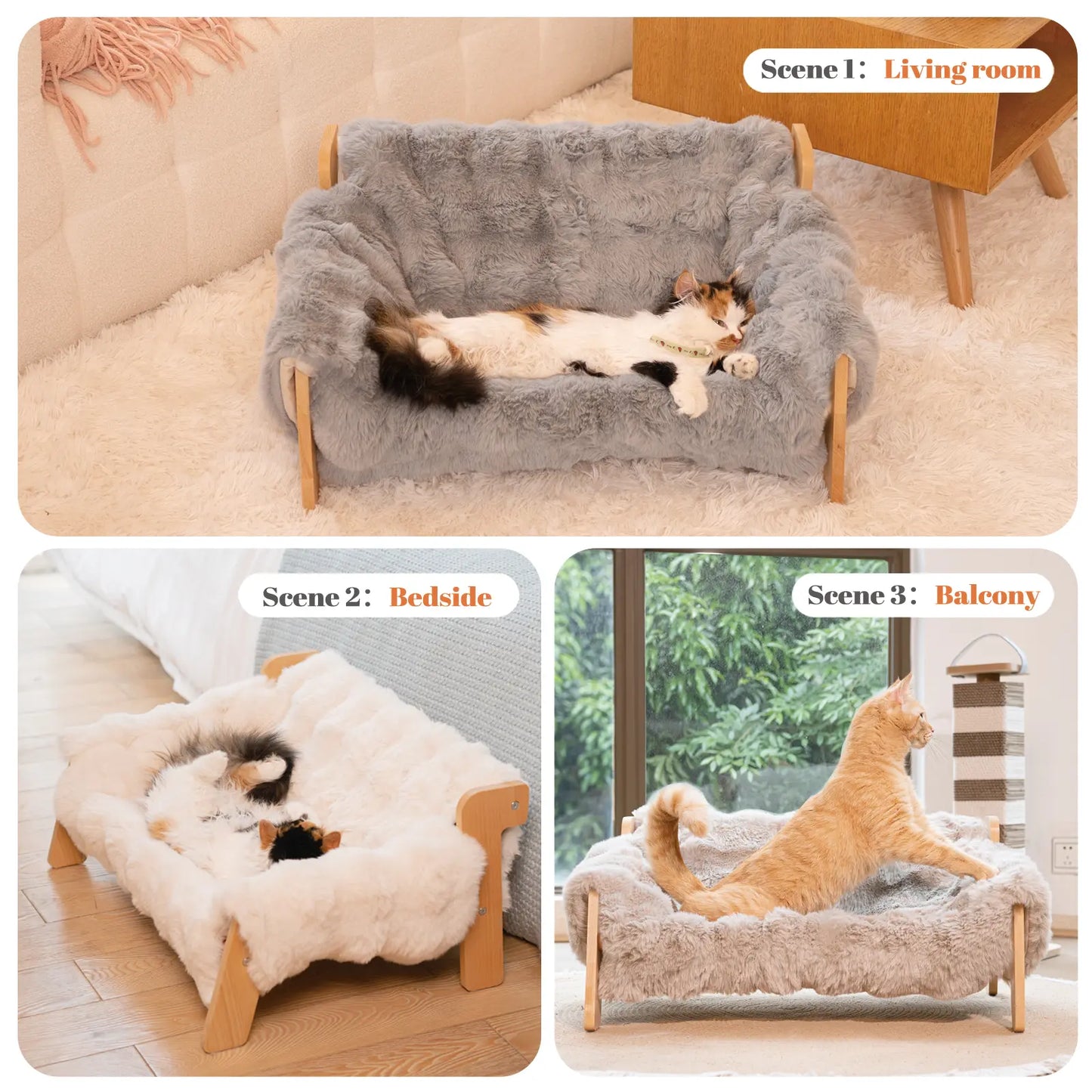 Elevated Pet Couch Bed - Solid Wood Sofa for Cats and Small Dogs with Removable Washable Fluffy Cover - Indoor Kitty Lounge Chair