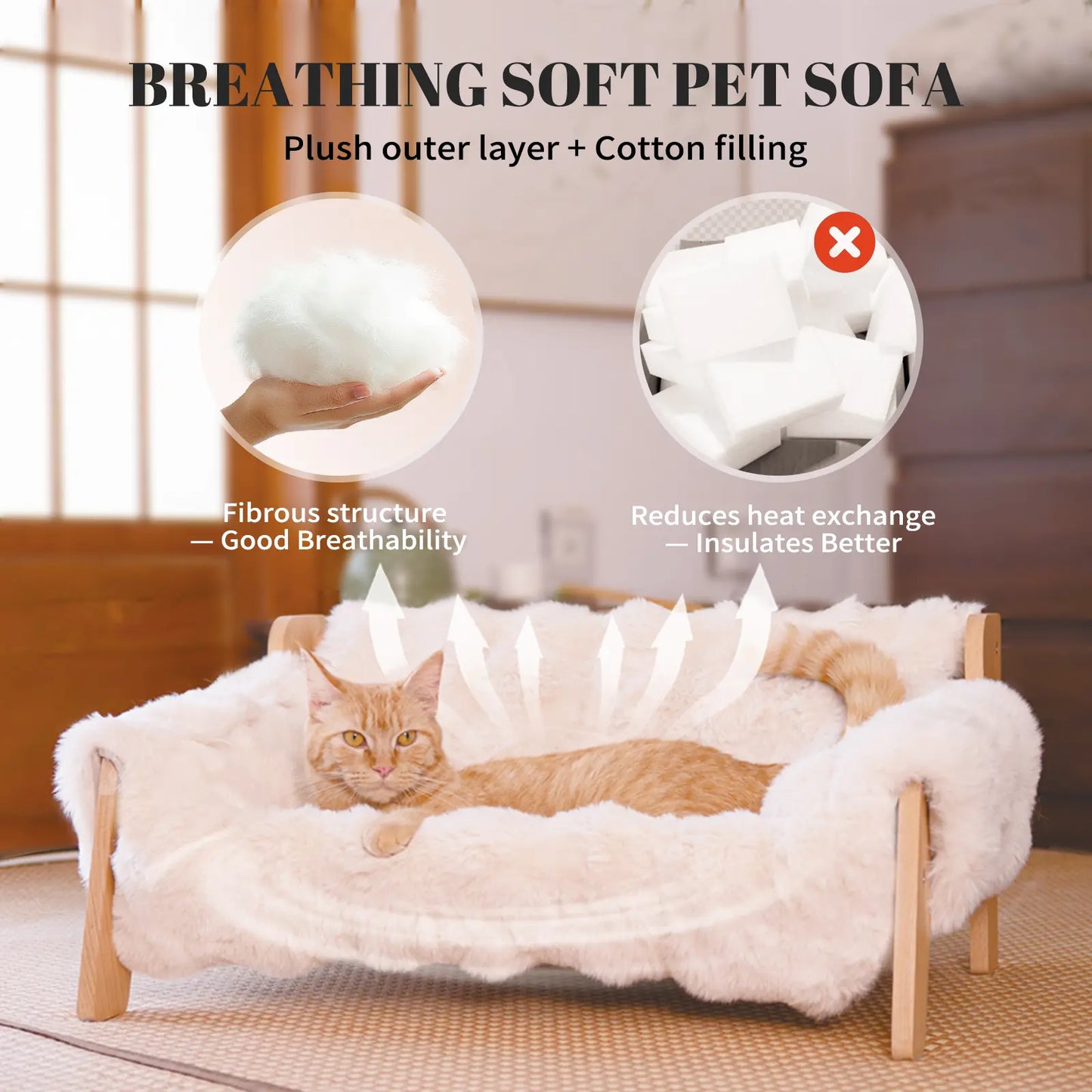 Elevated Pet Couch Bed - Solid Wood Sofa for Cats and Small Dogs with Removable Washable Fluffy Cover - Indoor Kitty Lounge Chair