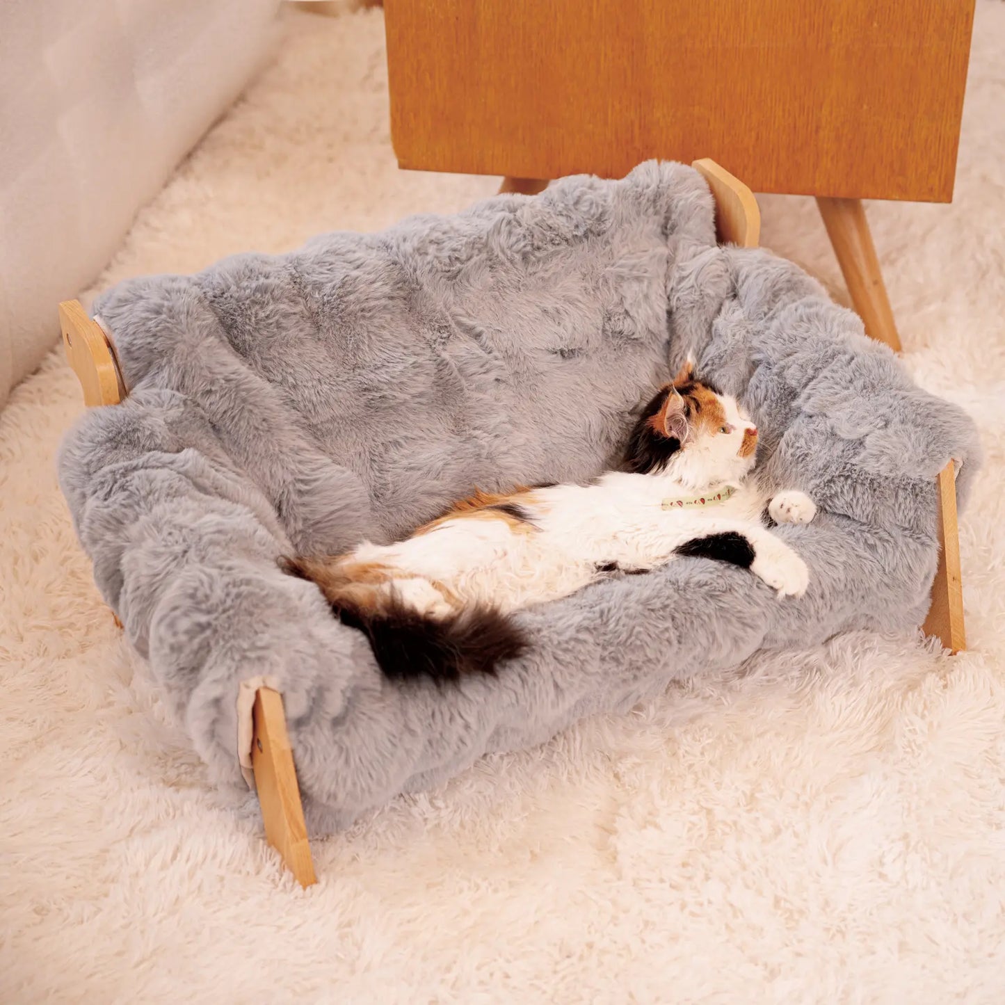 Elevated Pet Couch Bed - Solid Wood Sofa for Cats and Small Dogs with Removable Washable Fluffy Cover - Indoor Kitty Lounge Chair