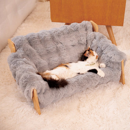Elevated Pet Couch Bed - Solid Wood Sofa for Cats and Small Dogs with Removable Washable Fluffy Cover - Indoor Kitty Lounge Chair
