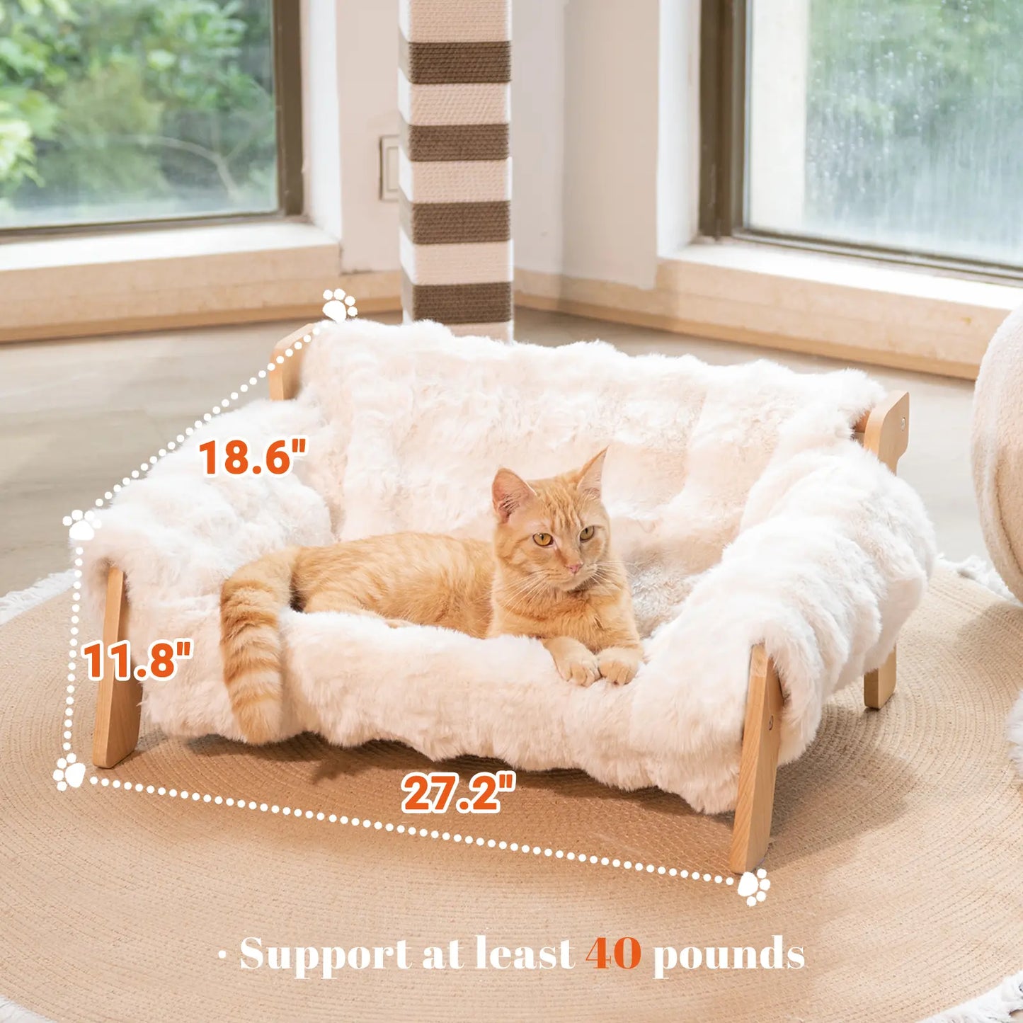 Elevated Pet Couch Bed - Solid Wood Sofa for Cats and Small Dogs with Removable Washable Fluffy Cover - Indoor Kitty Lounge Chair