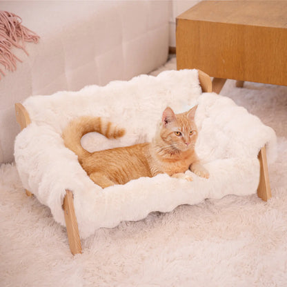 Elevated Pet Couch Bed - Solid Wood Sofa for Cats and Small Dogs with Removable Washable Fluffy Cover - Indoor Kitty Lounge Chair