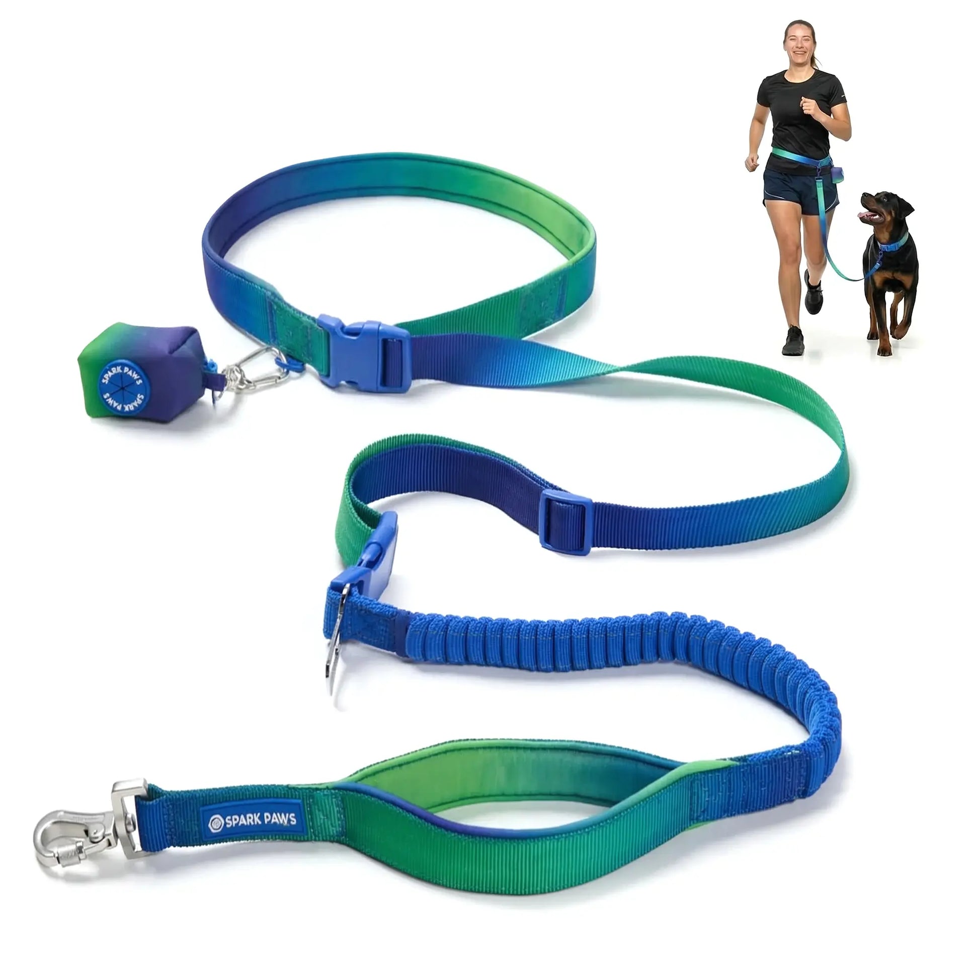 Spark Paws Hands-Free Dog Leash with Shock Absorbing Bungee, Car Seatbelt Clip, and Poop Bag Set - Heavy Duty Tactical Lead for Medium to Extra-Large Breeds