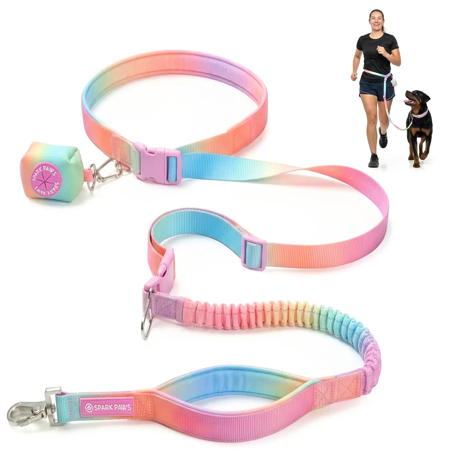 Spark Paws Hands-Free Dog Leash with Shock Absorbing Bungee, Car Seatbelt Clip, and Poop Bag Set - Heavy Duty Tactical Lead for Medium to Extra-Large Breeds